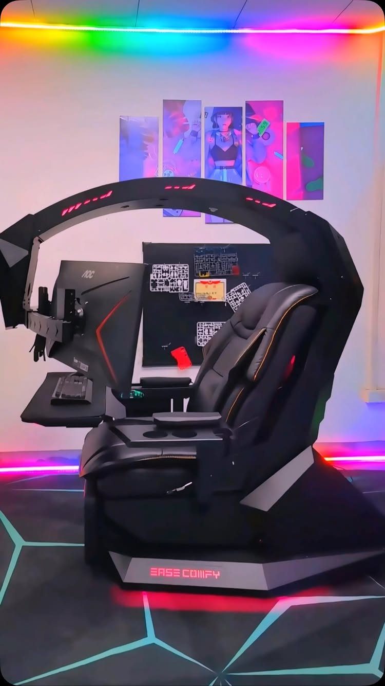 Black gaming cockpit with racing seat and RGB lighting in a themed room