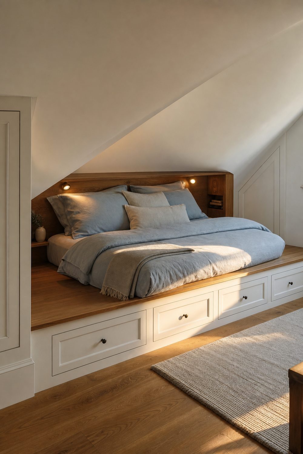 Bed with blue linens on a wooden platform under a sloped attic ceiling.