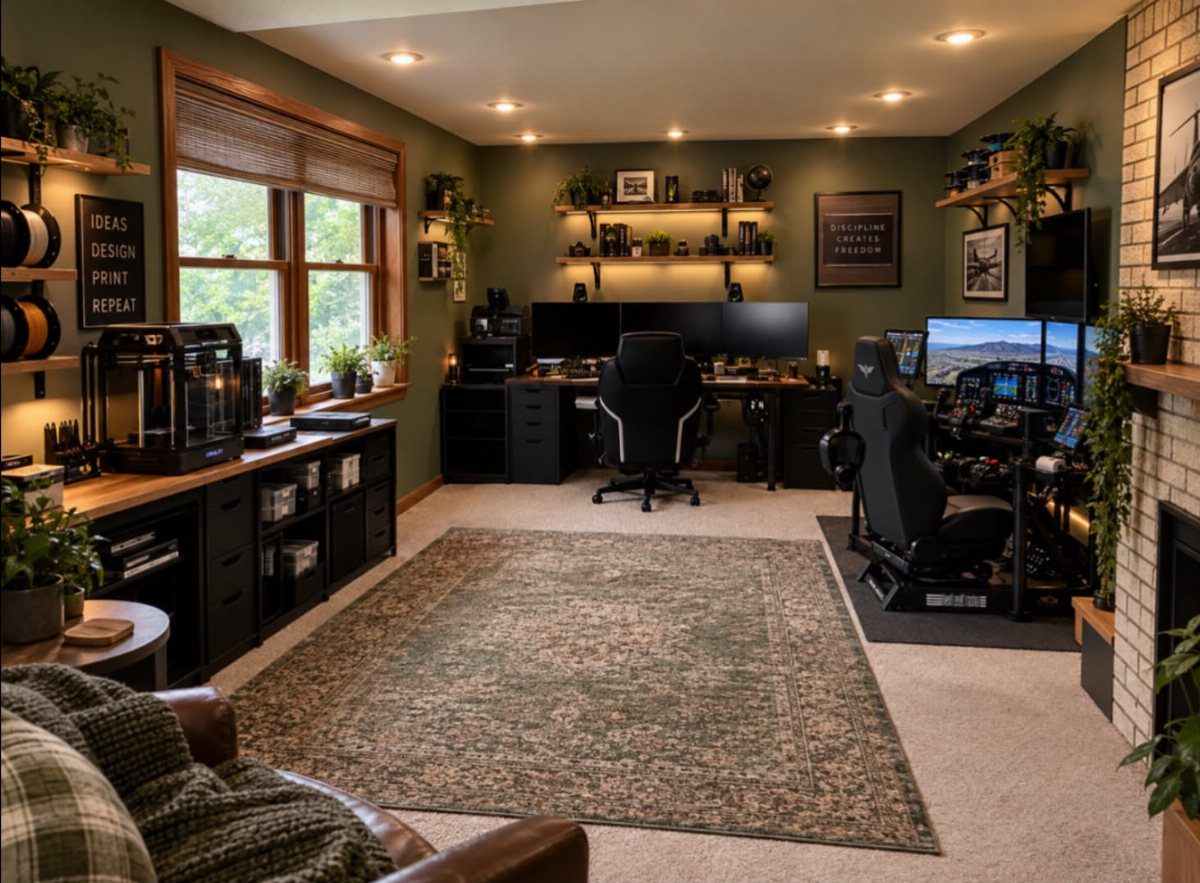 Finished basement gaming room with olive green walls, racing simulators, and cozy furniture.