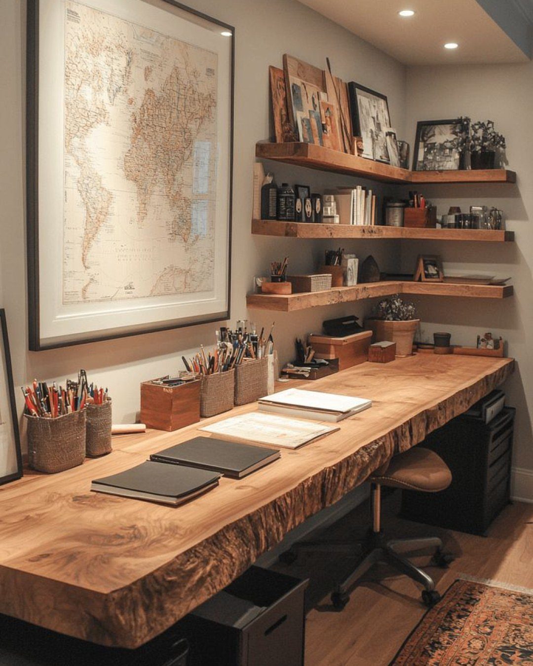Live-edge wooden desk and floating shelves in a modern basement home office workspace.