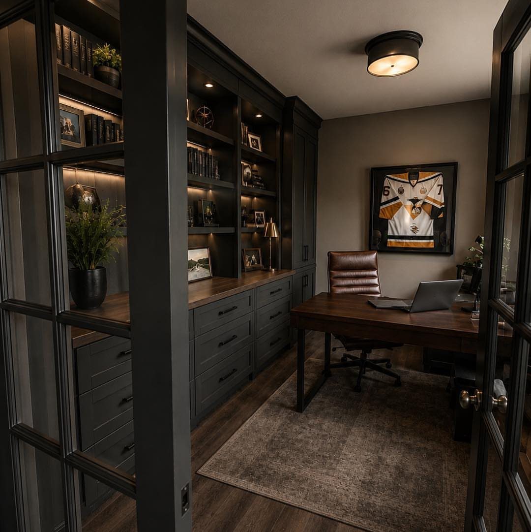 Dark home office with charcoal bookshelves, wooden desk, and leather chair without windows.
