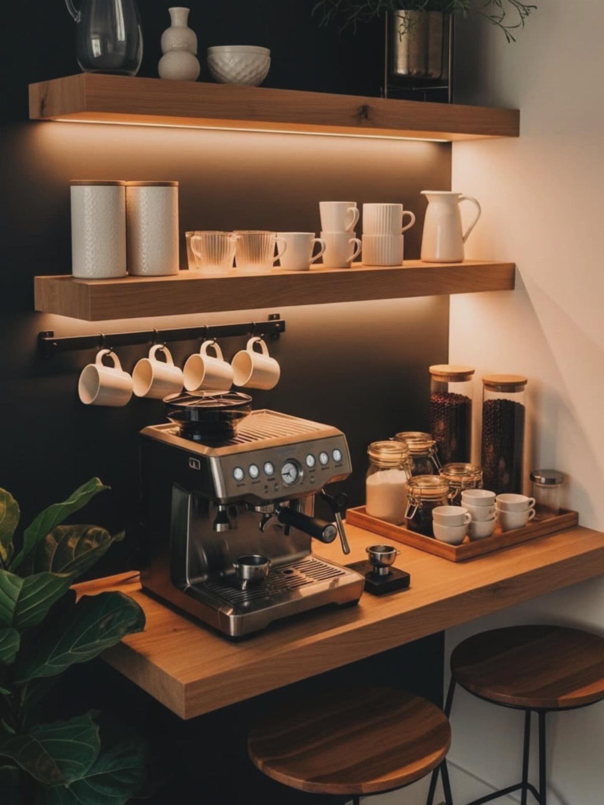 Coffee station with espresso machine, wooden floating shelves, and white mugs against dark walls.