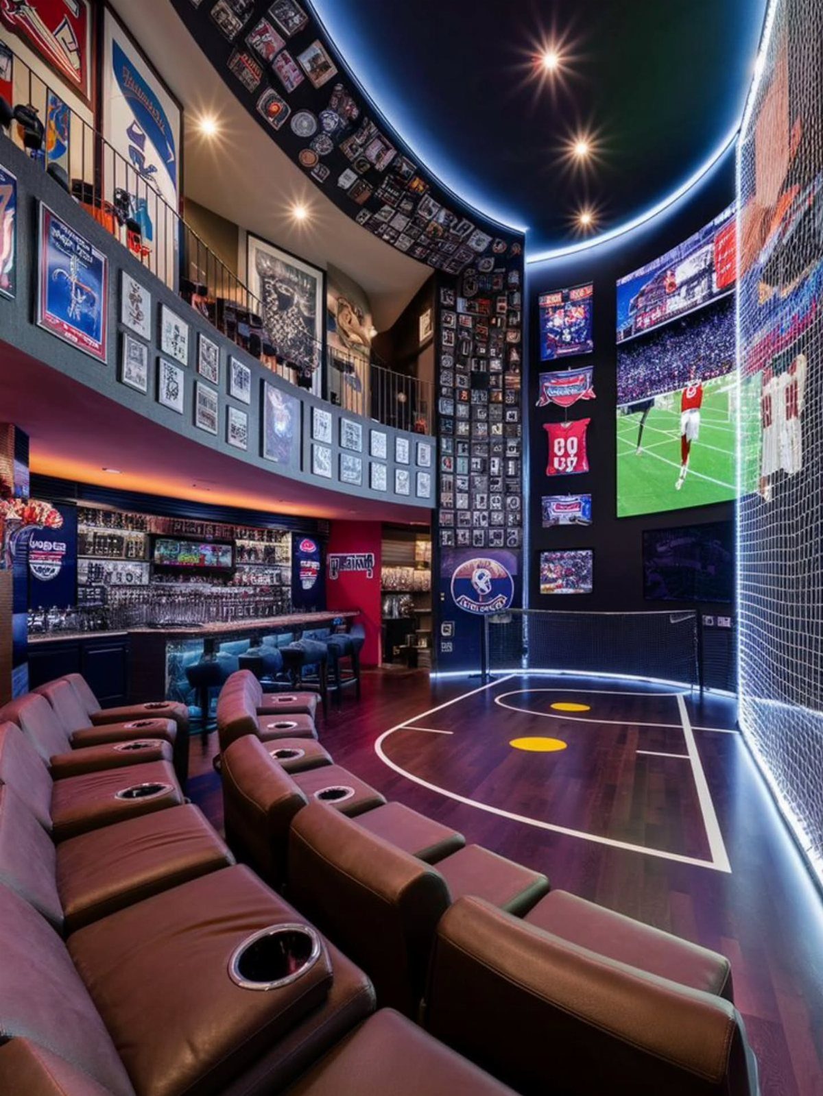 Luxury sports bar basement with leather seating, basketball court flooring, and sports memorabilia.