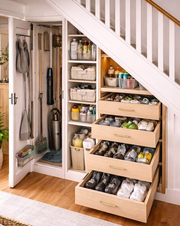 Wooden pull-out storage drawers for shoes built under a white staircase.