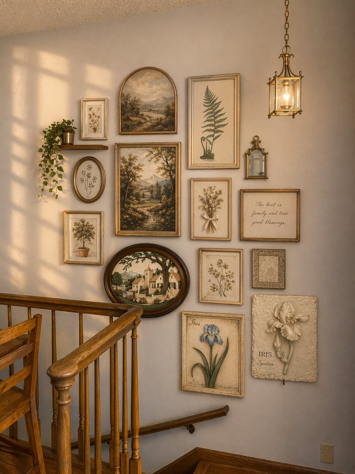 Gallery wall with various framed botanical and landscape art beside a wooden staircase railing.