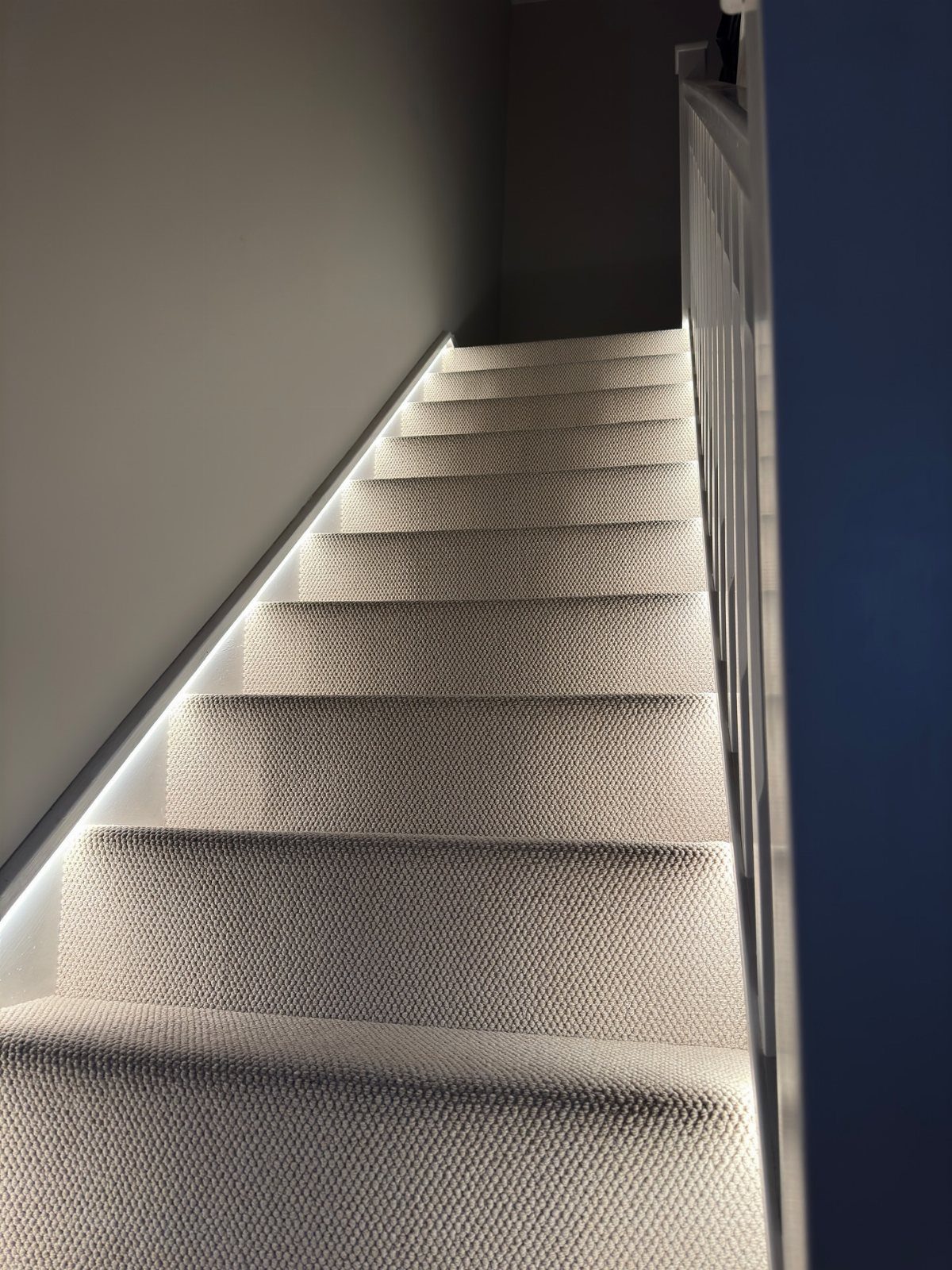 Carpeted stairs with integrated LED strip lighting along the wall and white railing.