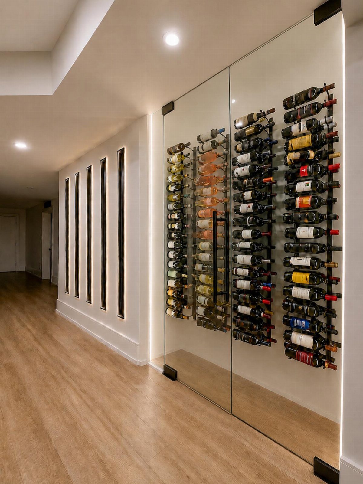 Glass-enclosed wine cellar with vertical metal racks holding many bottles of wine.