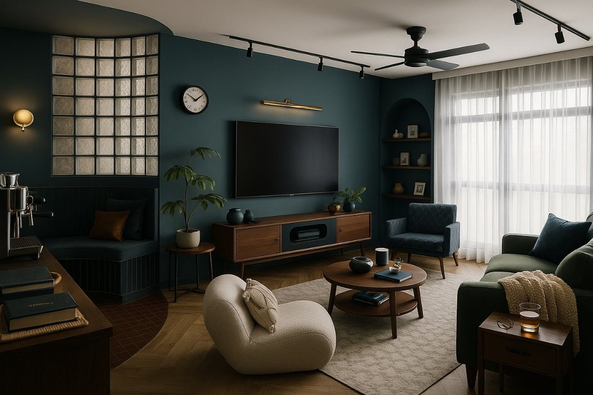 10 Basement Wall Paint Ideas to Refresh Your Space 8 Deep teal walls in a cozy living room with modern furniture and soft lighting.