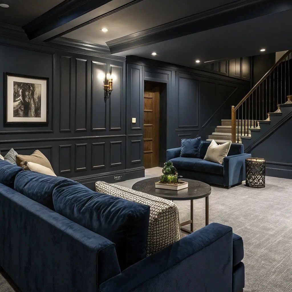 10 Basement Wall Paint Ideas to Refresh Your Space 2 Navy blue walls with wainscoting in a basement living room with matching blue sofas.