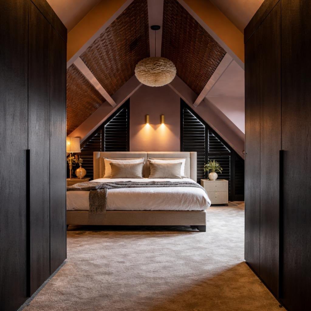 Attic bedroom with a spherical pendant light and wall sconces creating warm ambient lighting.