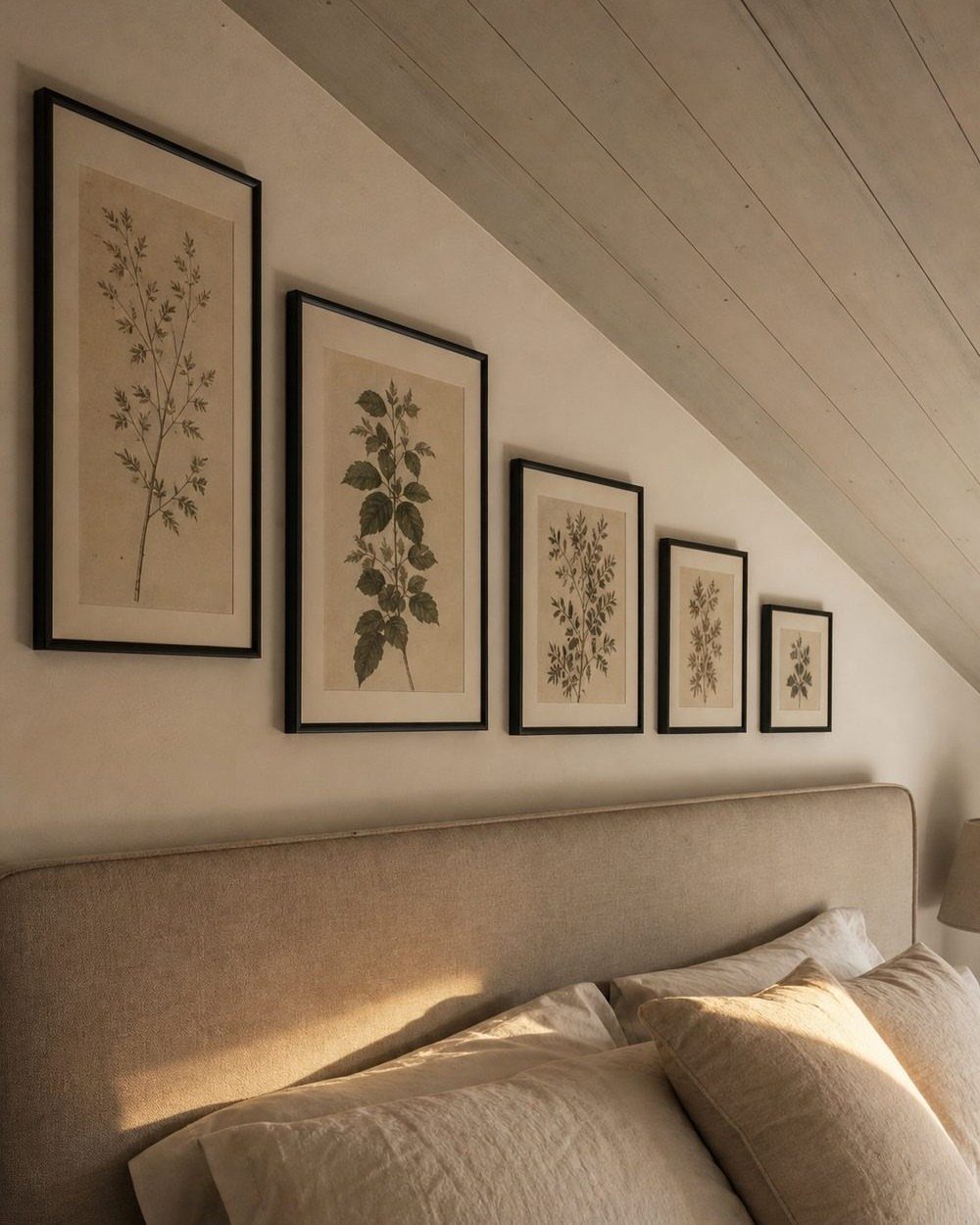 Beige headboard and botanical wall art under a sloped attic bedroom ceiling