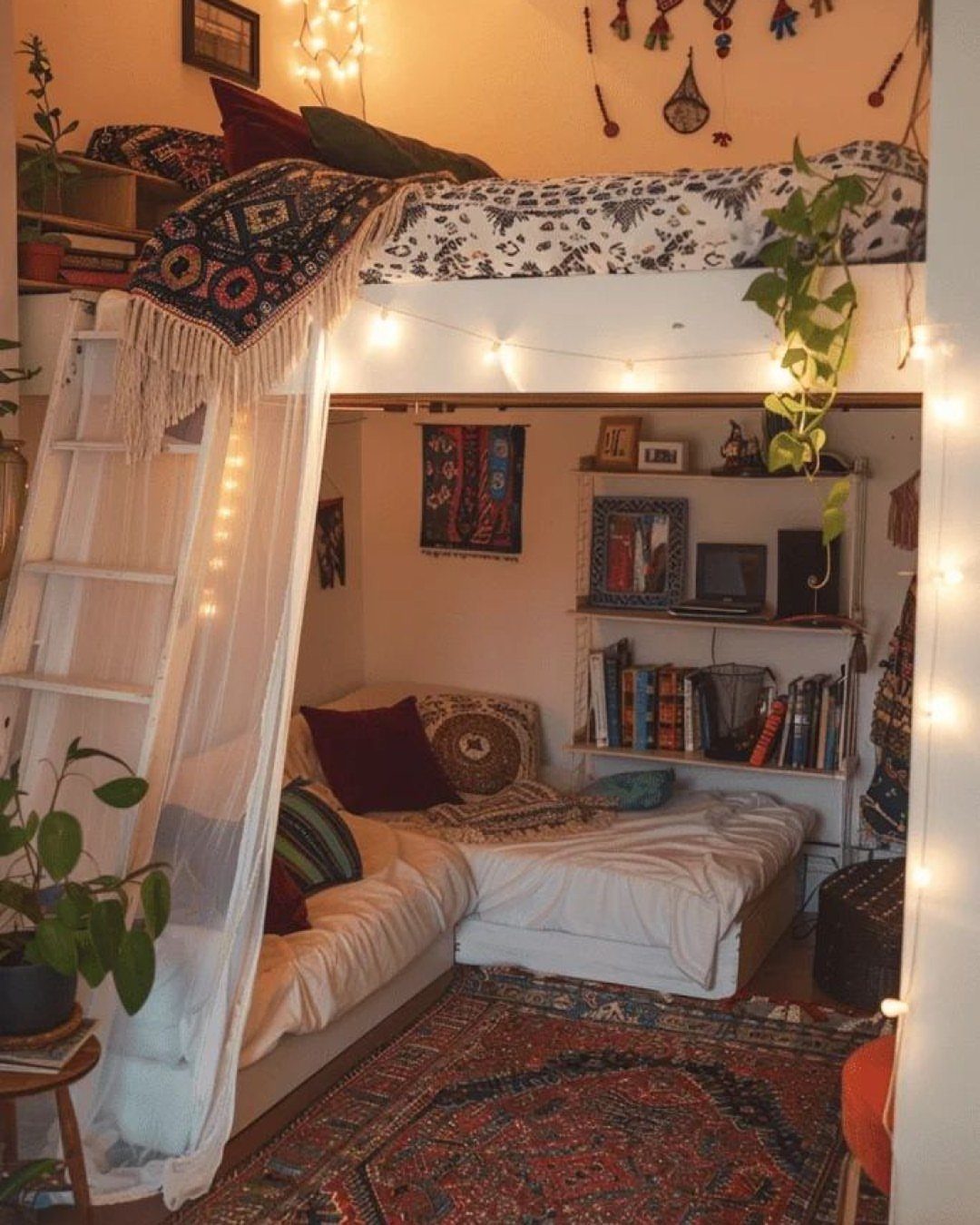 Cozy reading nook under a loft bed with pillows, books, and warm lighting.