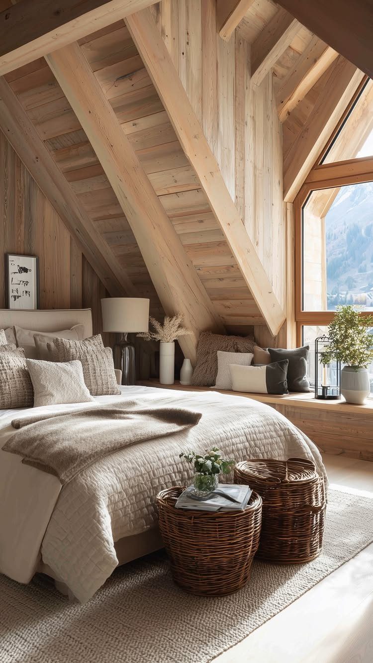Attic bedroom with light wooden walls, exposed beams, and woven wicker baskets.