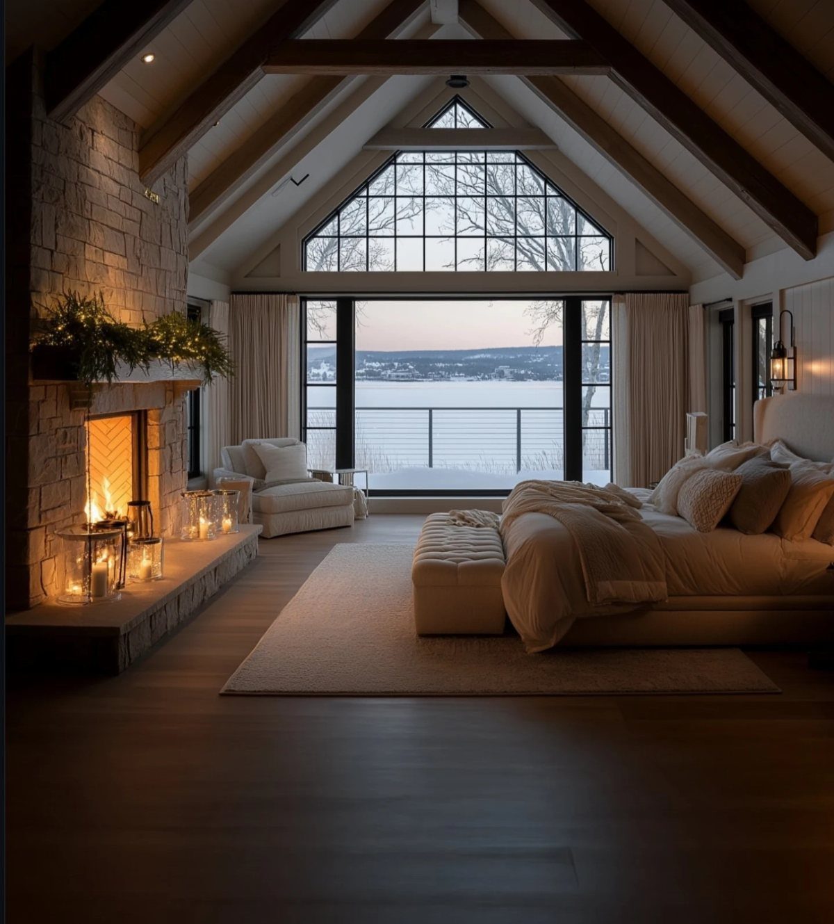 Attic bedroom with a stone fireplace, exposed beams, and snowy mountain view.