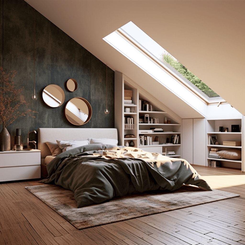 Modern attic bedroom with sloped ceiling, skylight, and minimalist white built-in shelving.