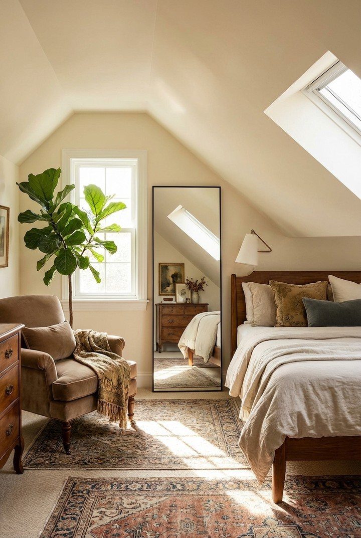 Attic bedroom with a large floor mirror reflecting light from a ceiling skylight.
