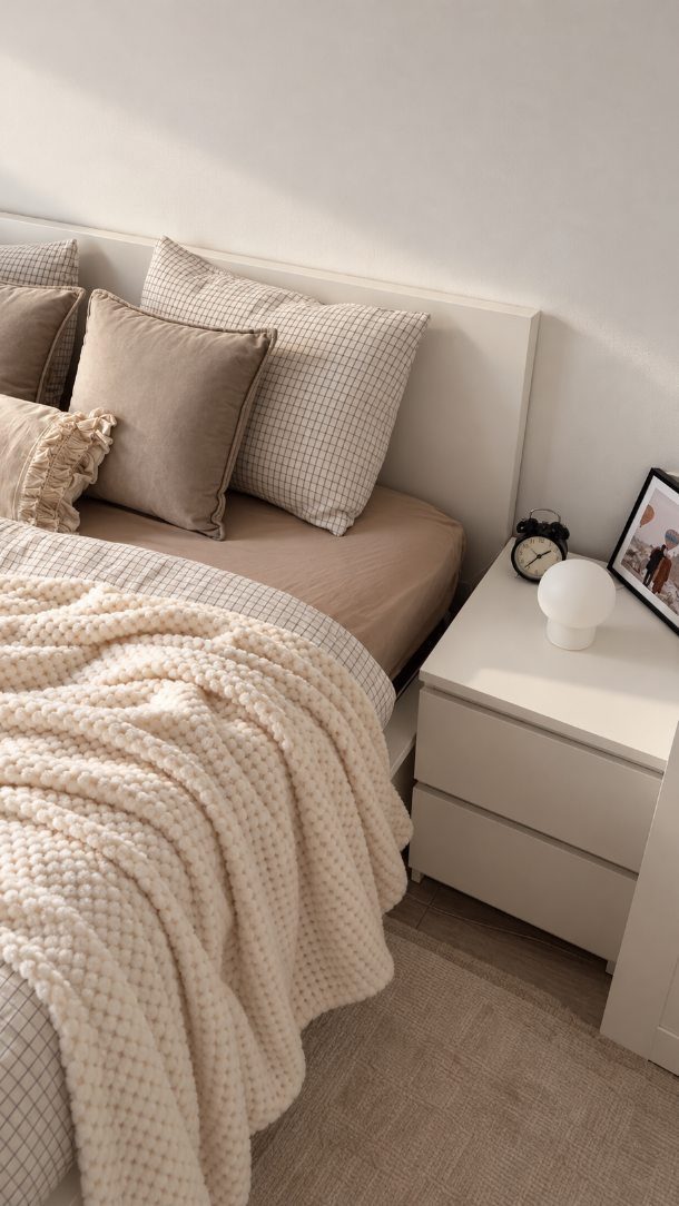 Bed with beige textured throw blanket and neutral pillows next to white nightstand.