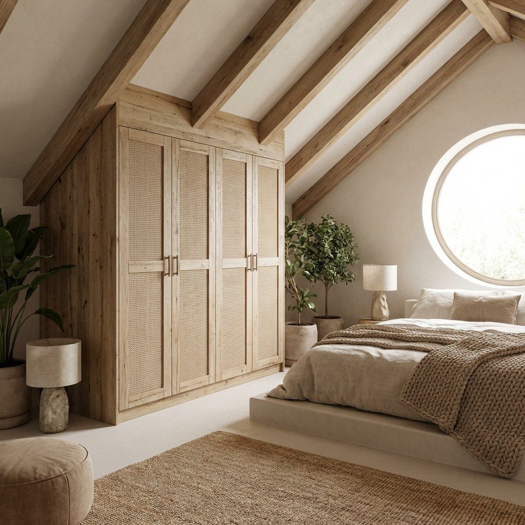 Attic bedroom featuring a large wooden wardrobe and exposed ceiling beams.