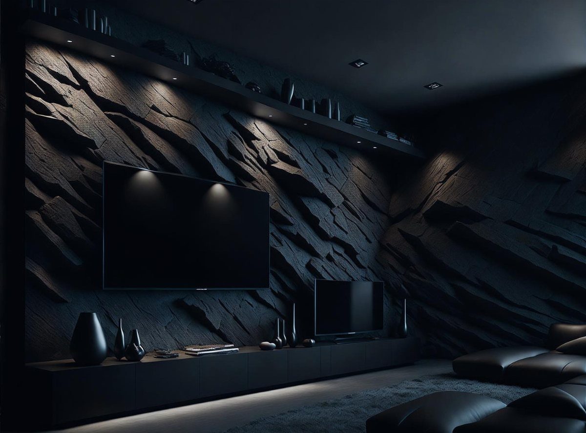 11 Black Ceiling Basement Ideas with Real Impact 11 Modern basement with a matte black ceiling and textured black stone walls.