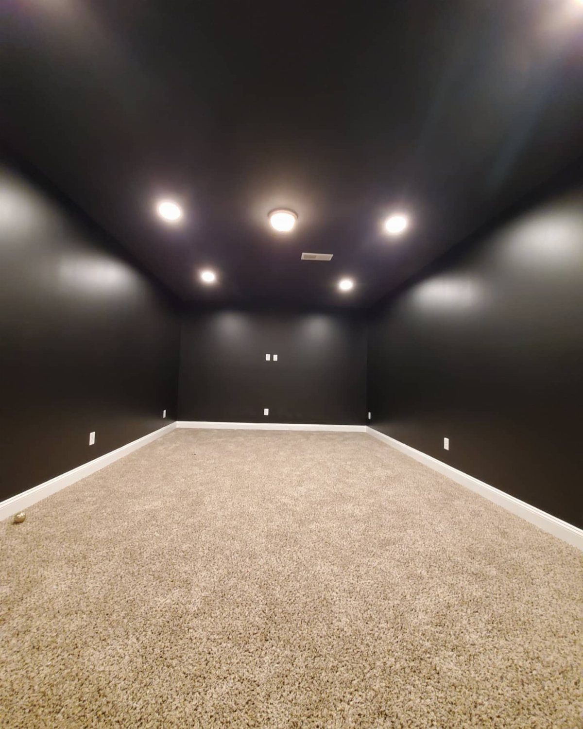 11 Black Ceiling Basement Ideas with Real Impact 1 Black painted ceiling with recessed lighting in an empty room with beige carpet.