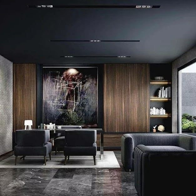 11 Black Ceiling Basement Ideas with Real Impact 9 Modern basement living area with a matte black ceiling and recessed linear lighting.
