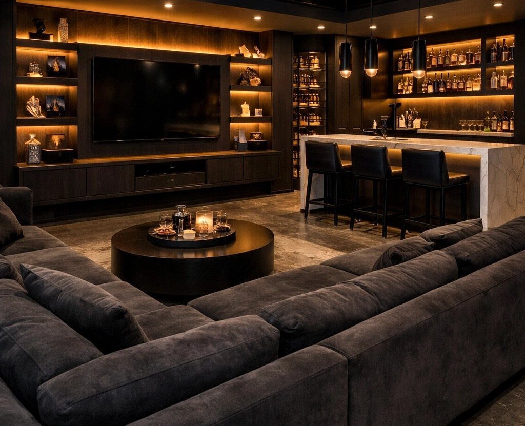 11 Black Ceiling Basement Ideas with Real Impact 5 Large dark grey plush sectional sofa in a luxury basement lounge with home bar.