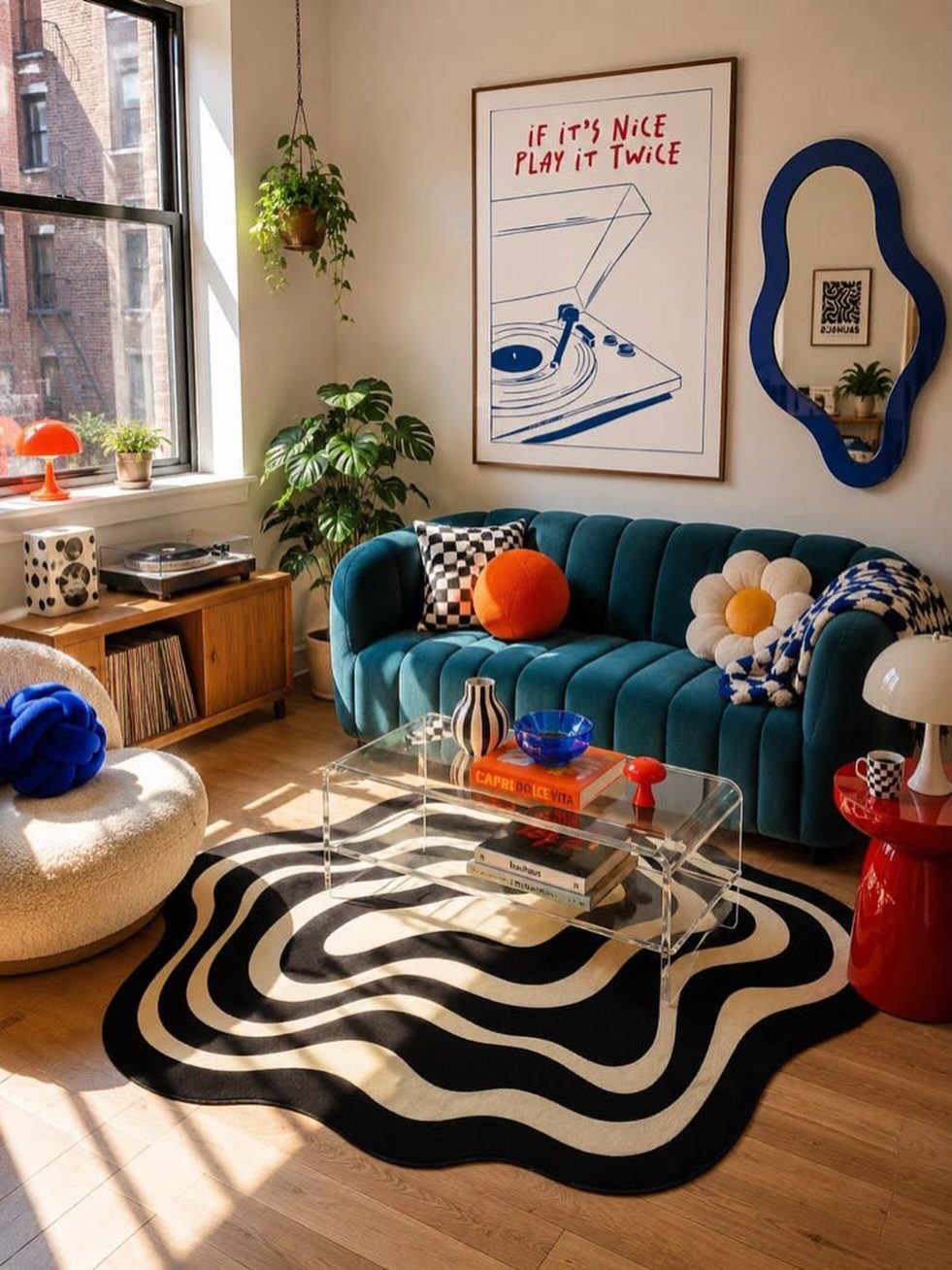 Wavy black and white patterned rug in a colorful modern living room