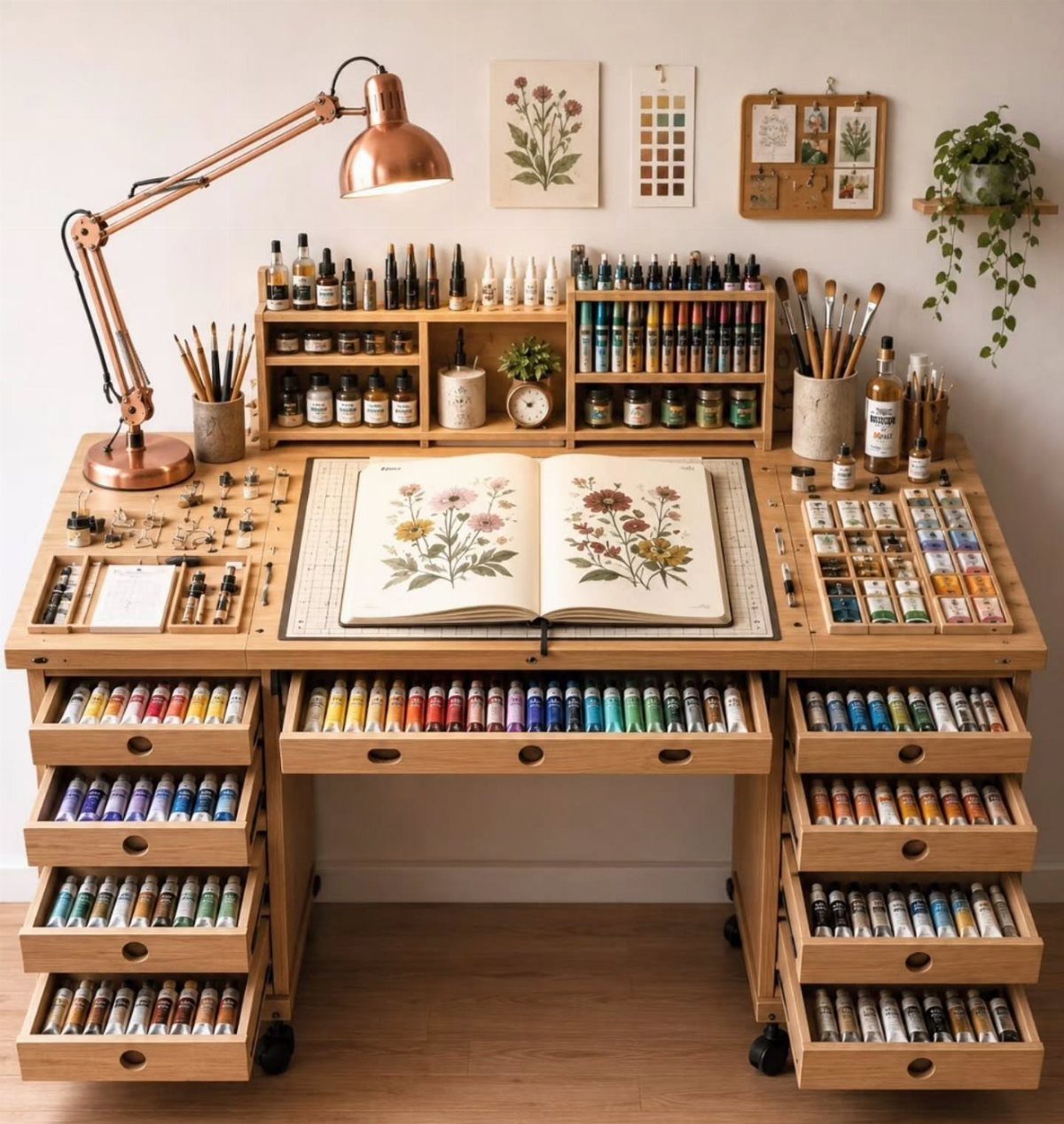 Art desk with markers and botanical sketchbook, featuring a small corkboard on the wall.