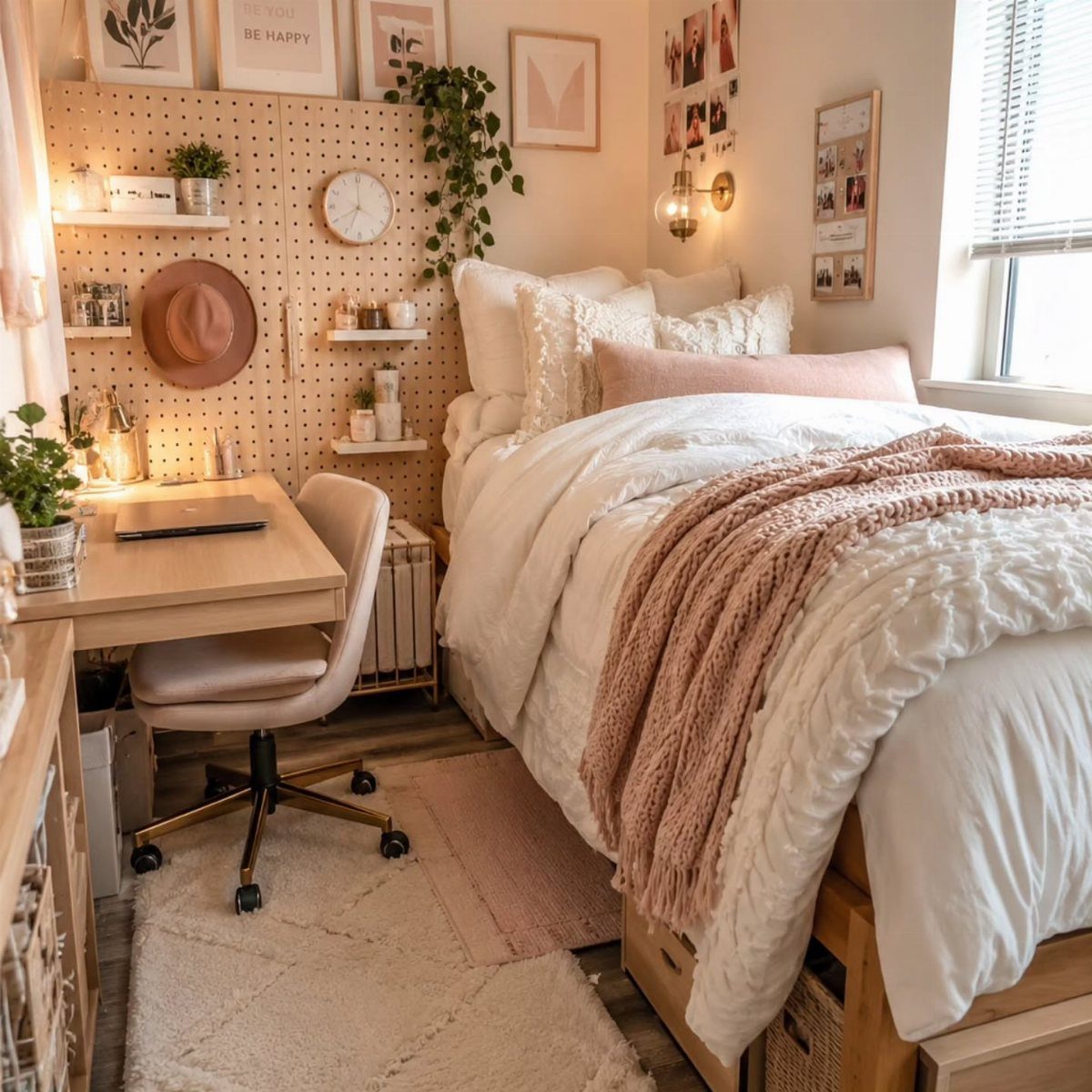 Small bedroom with a light wood desk and bed with pink blankets.