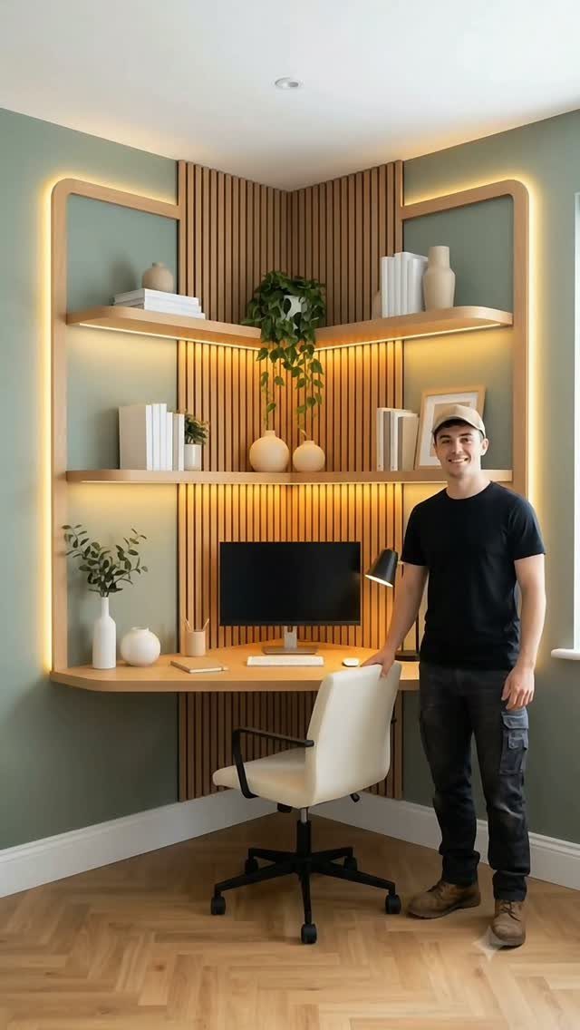 Modern corner study nook with wooden desk, LED lighting, and a white chair.