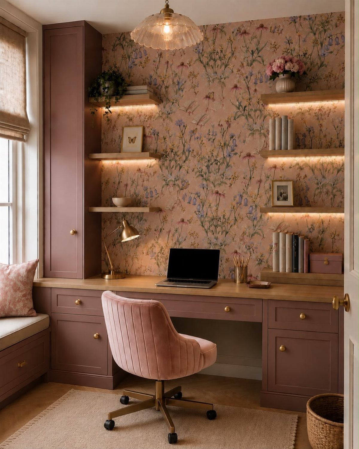 Mauve study room with floral wallpaper, pink velvet chair, and built-in desk.