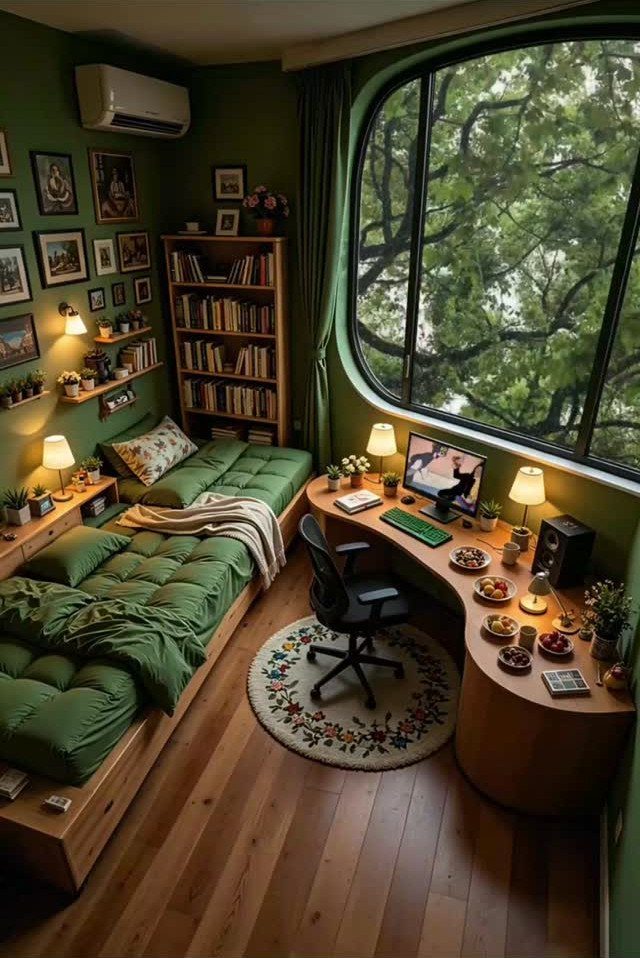 Green bedroom and study area with a curved wooden desk and potted plants.