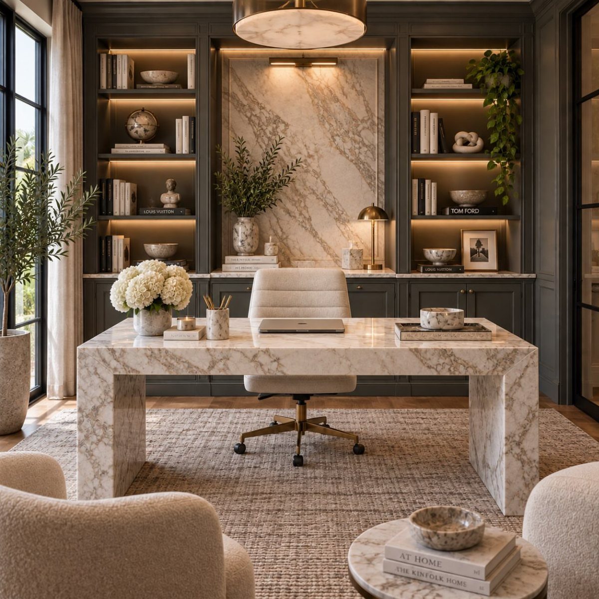 Large white marble study table in a sophisticated home office with dark shelving.