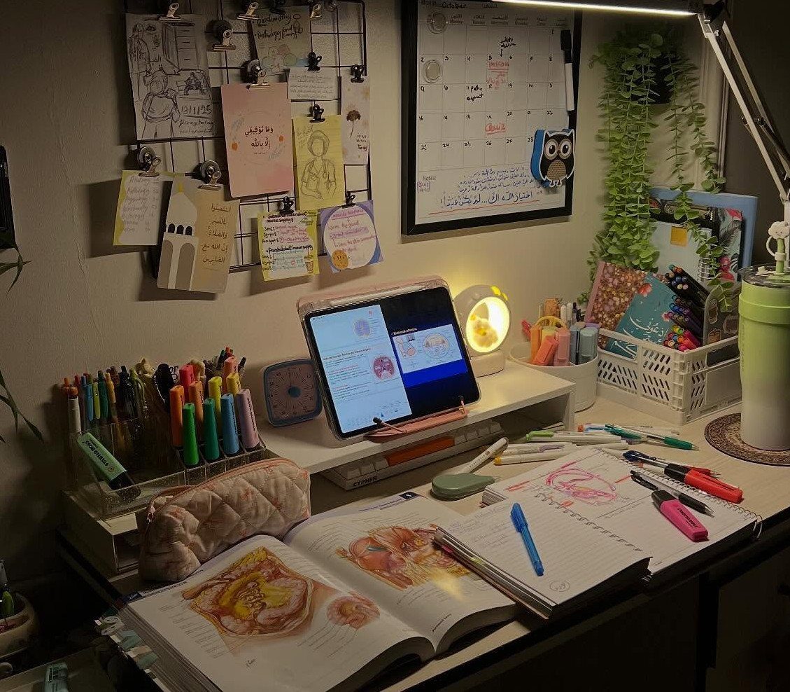 Study desk with anatomy book, tablet, and a wire grid inspiration board.