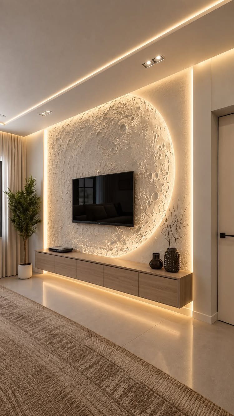 7 Family TV Room Ideas for a Comfortable Space 4 Flat-screen TV mounted on a circular, moon-textured white accent wall with warm backlighting.