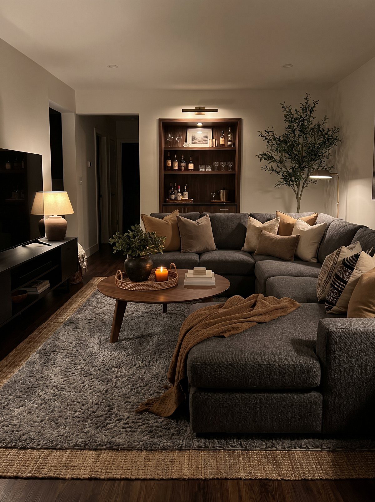 7 Family TV Room Ideas for a Comfortable Space 1 Large grey sectional sofa with pillows and a brown throw in a cozy living room.