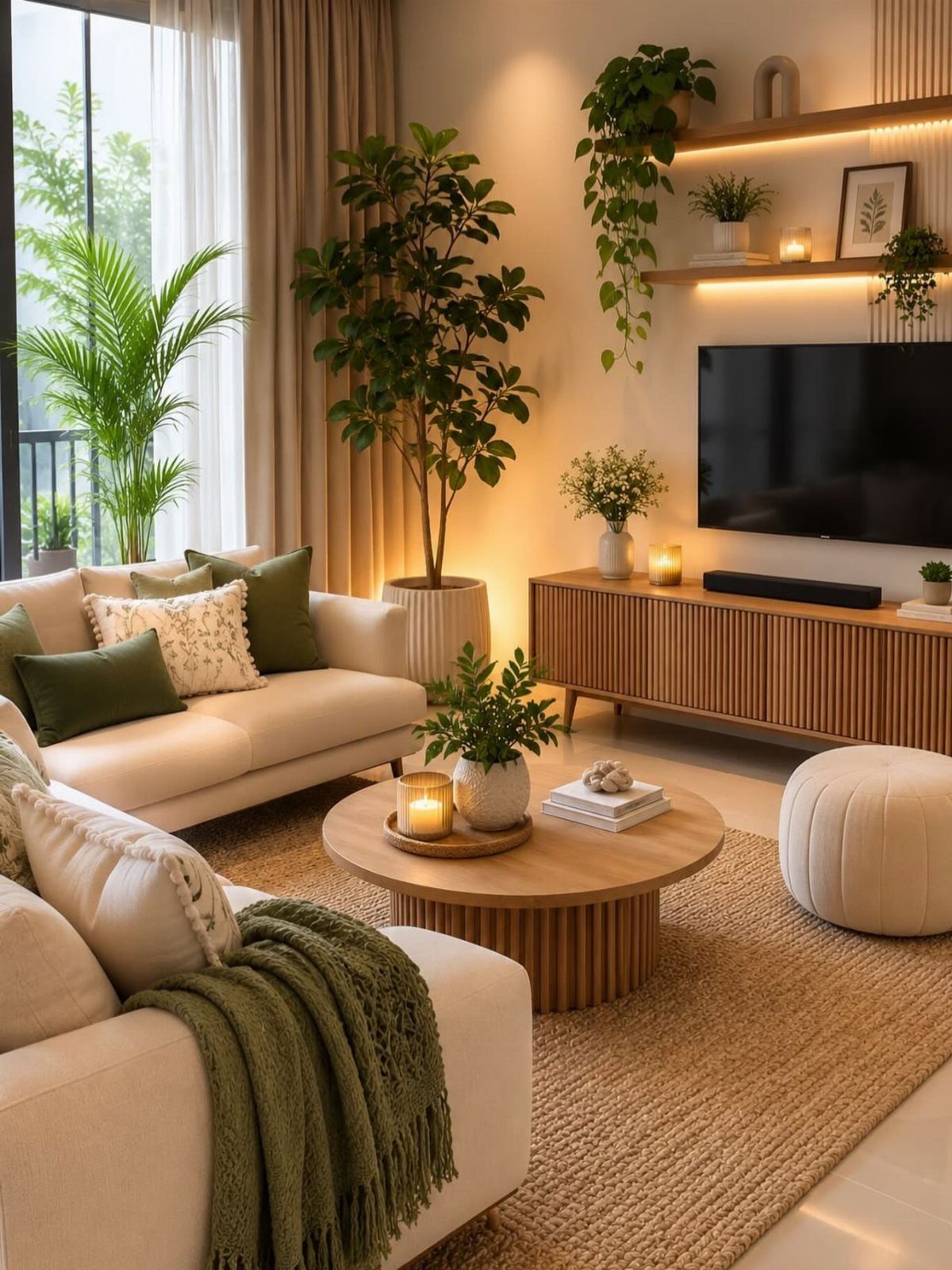 7 Family TV Room Ideas for a Comfortable Space 5 White round pouf ottoman in a modern living room with cream sofas and plants