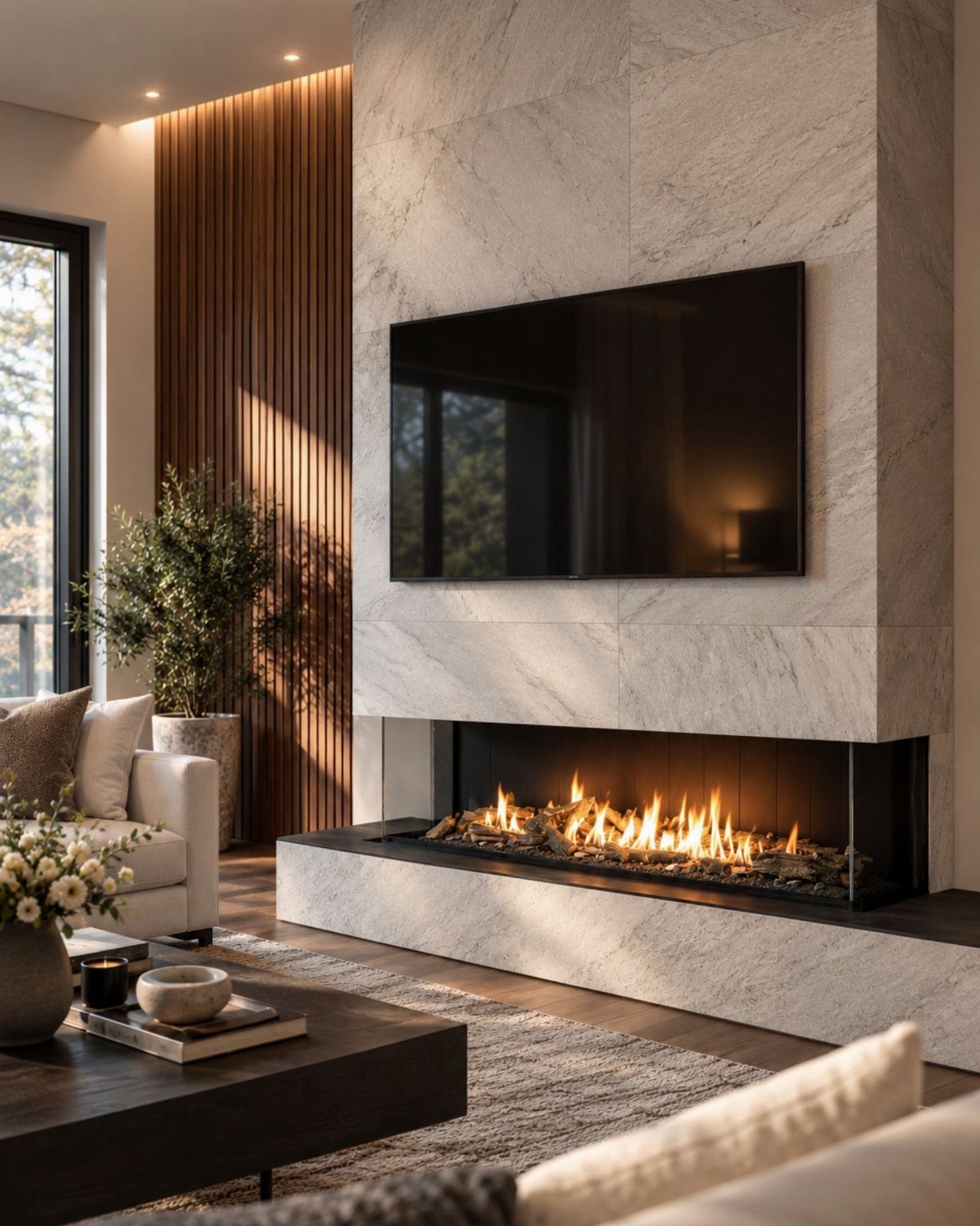 Modern white marble fireplace wall with a flat-screen television mounted above the flames.