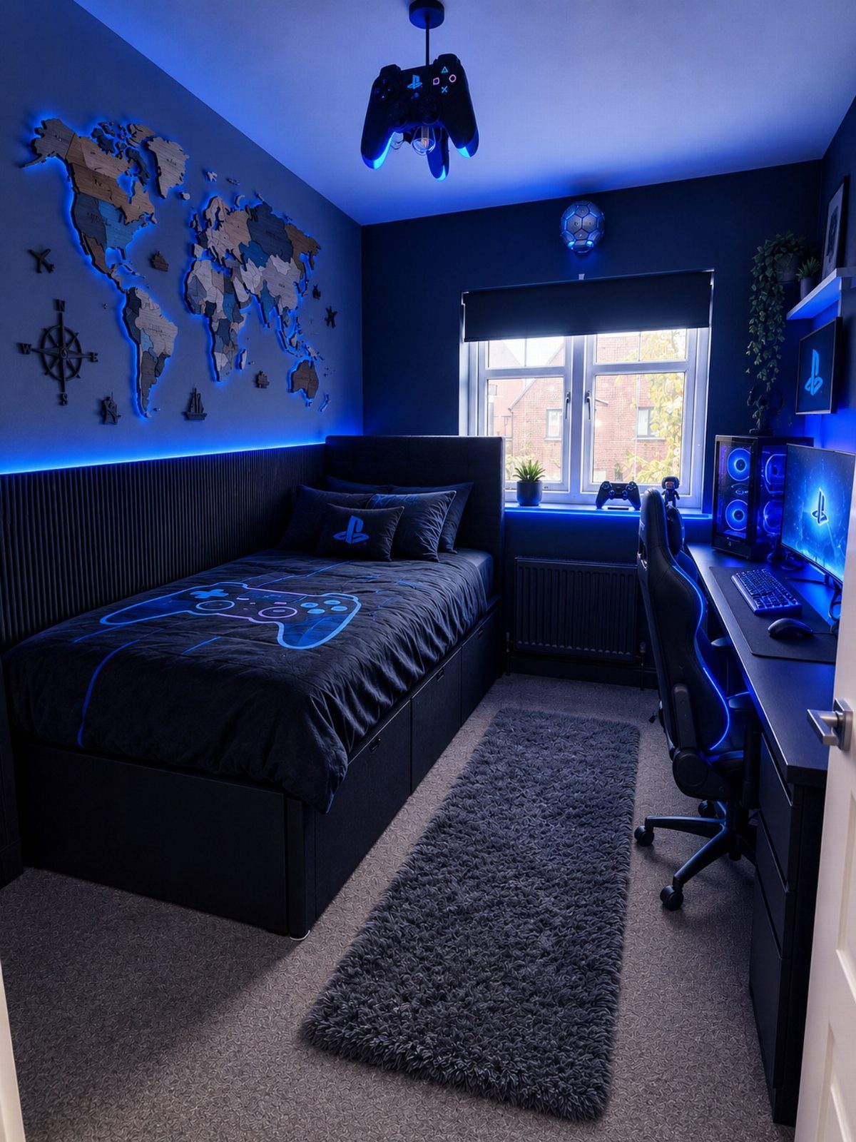 Gaming bedroom with blue LED lights, gaming PC setup, and 3D world map wall.