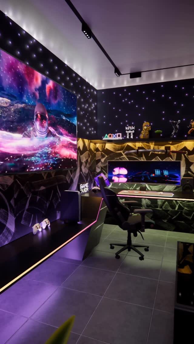 Space themed gaming room with starry ceiling, purple LED lights, and a large screen.