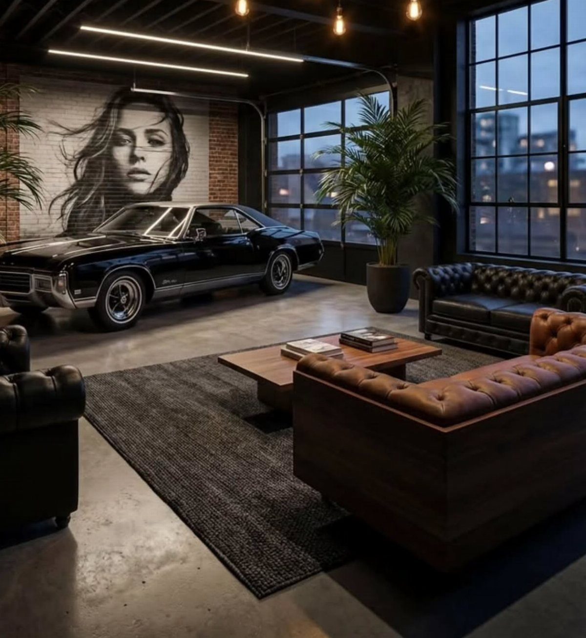 Vintage black car in a modern industrial garage converted into a luxury living space.