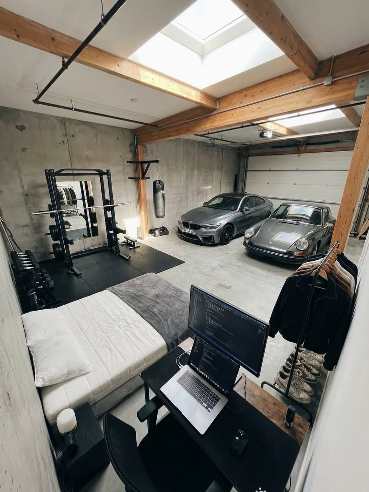 Converted garage living space with a bed, desk, and large skylight for natural light.