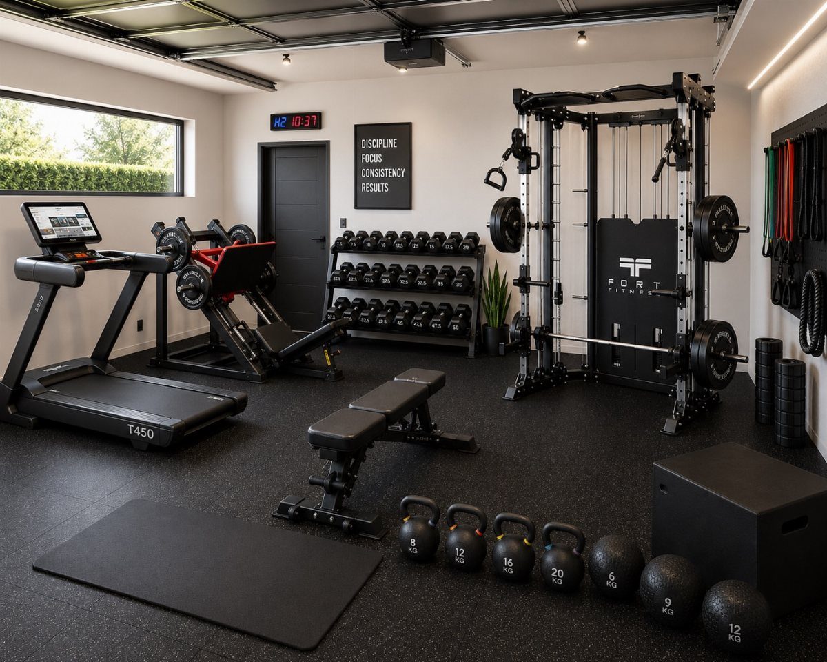 Home gym in a converted garage with weights, treadmill, and power rack.