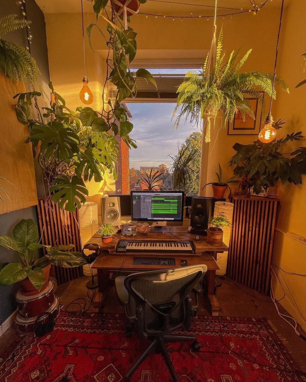 Home music studio filled with lush green hanging and potted indoor plants.