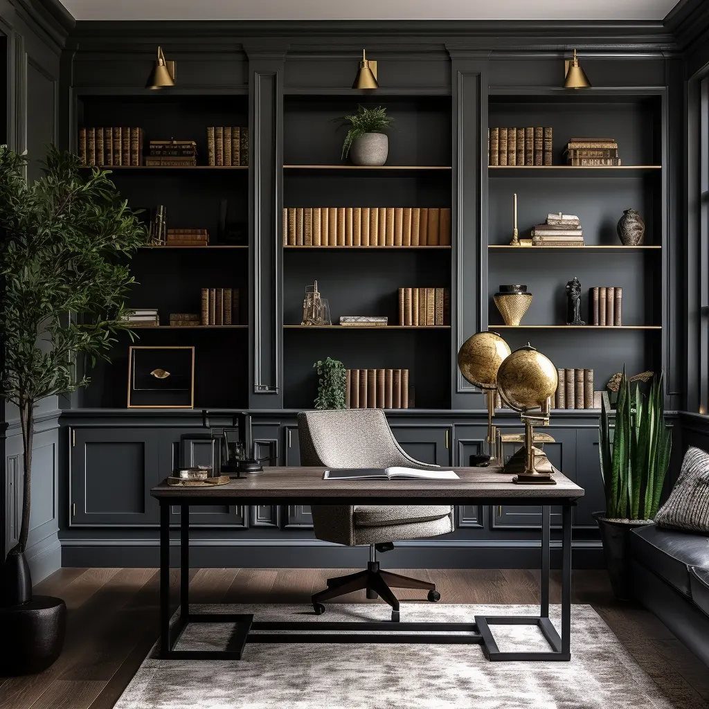 Dark grey built-in library shelves with books and a wooden desk in a home office.