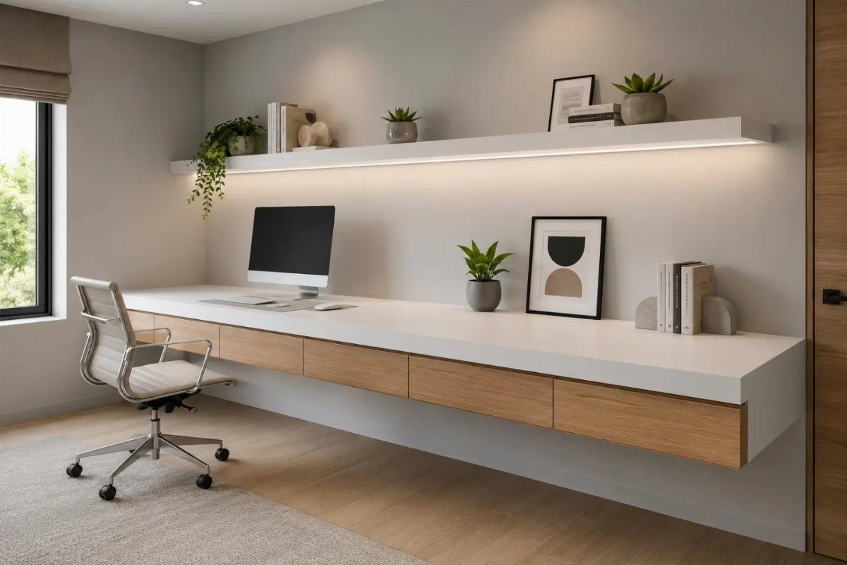 White floating desk with wooden drawers and a matching illuminated wall shelf.