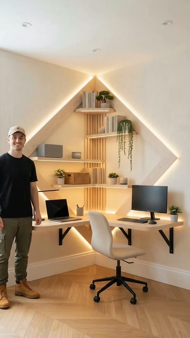 L-shaped built-in white desk with floating shelves and LED lighting in a corner.