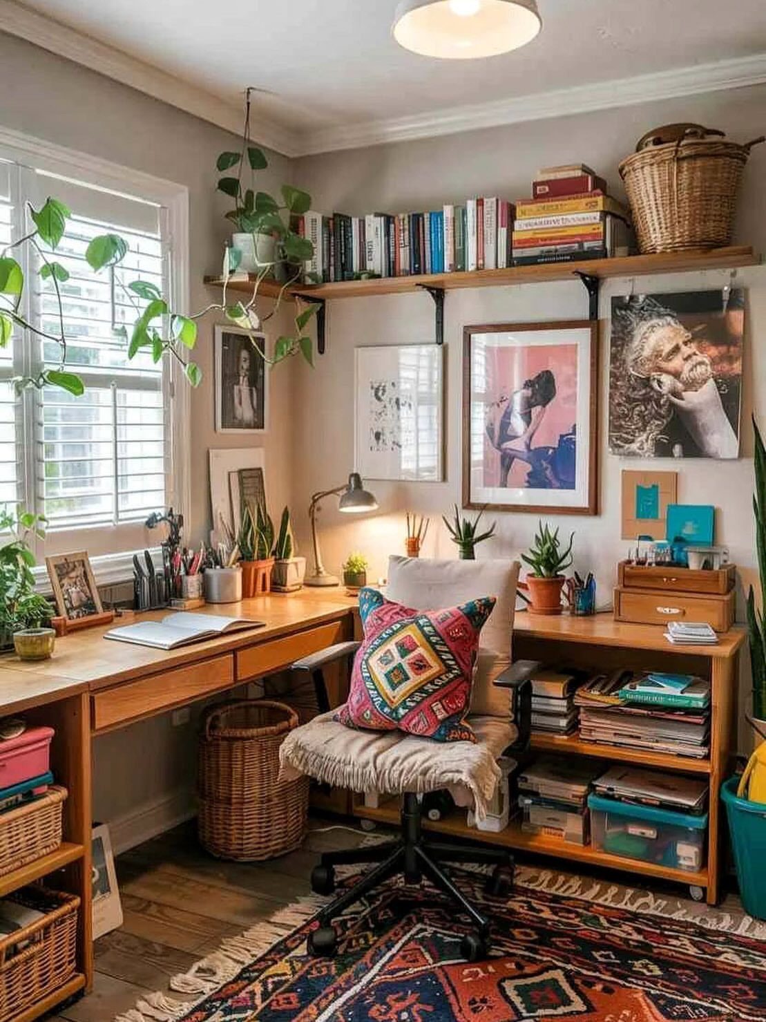 Home office desk with framed art, potted plants, and a colorful patterned rug.