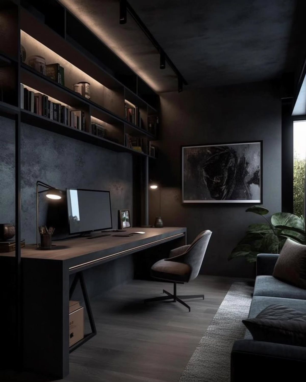 Dark grey home office with a long wooden desk, swivel chair, and moody lighting.