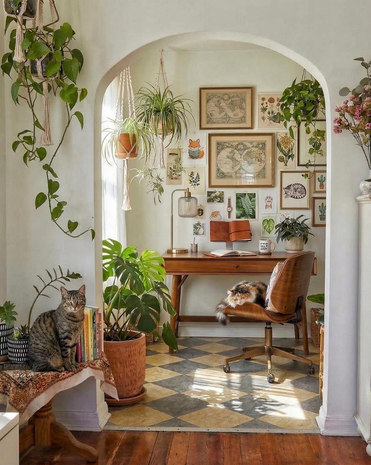 Home office with a gallery wall of framed art and many green plants.